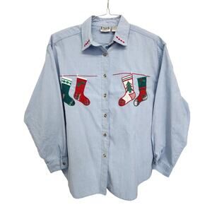 Vintage Falls Creek Christmas holiday stocking embroidered light wash shirt XL